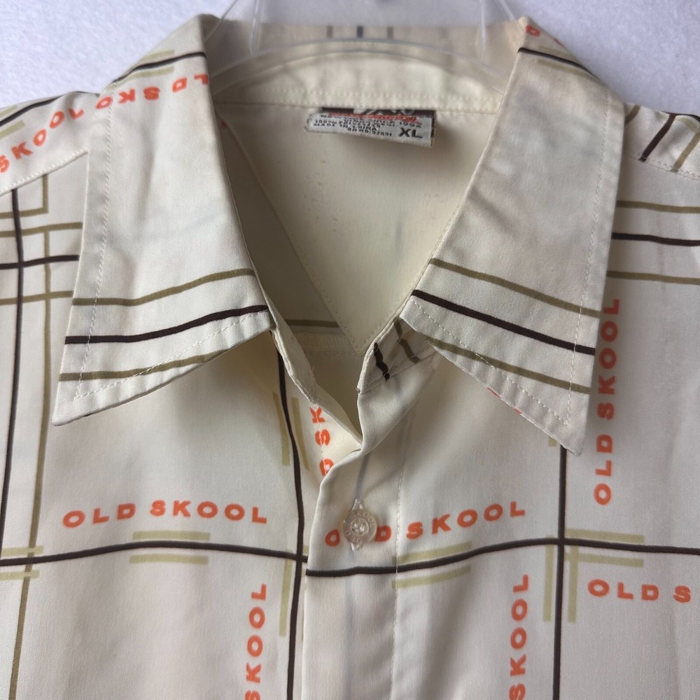 Old Skool New York Urban Wear Shirt XL Cream Plaid Logo Print Button Down 90s